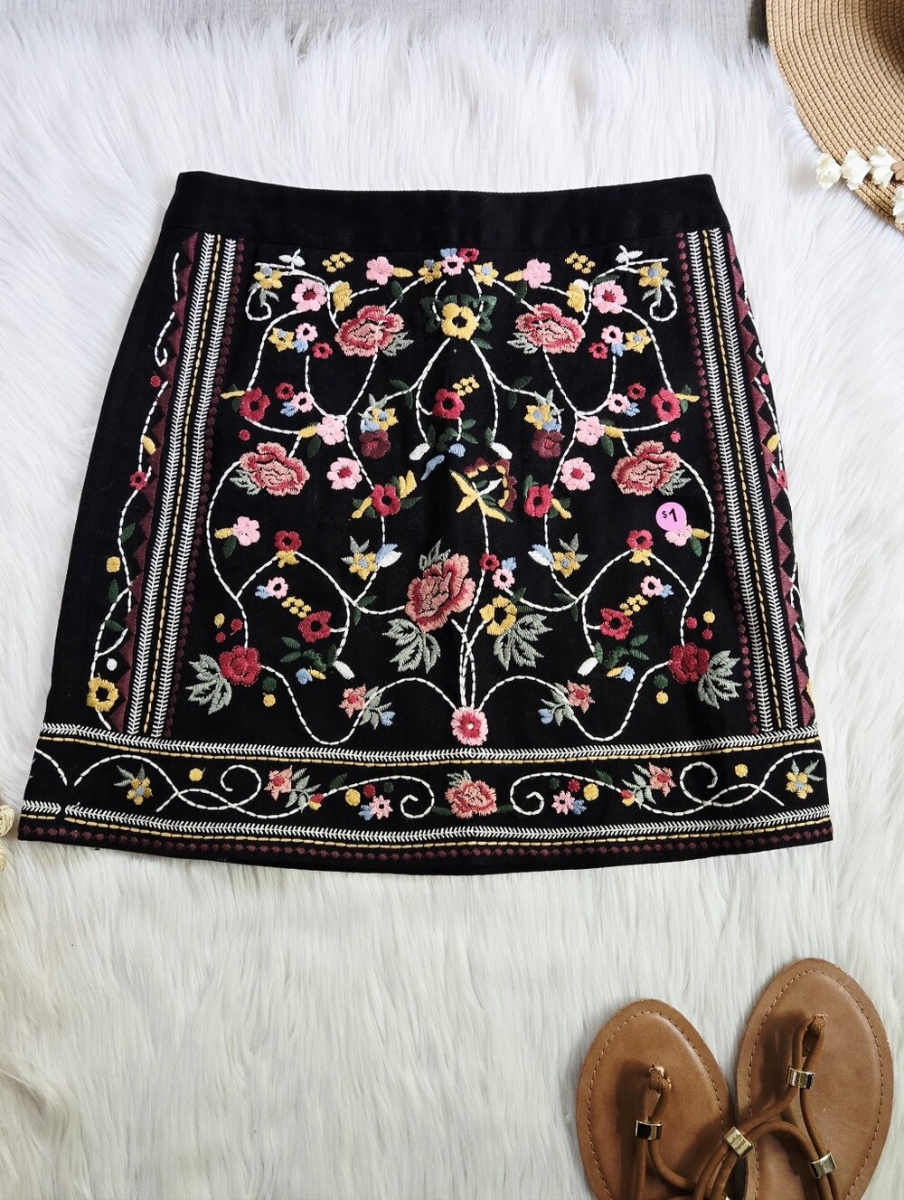 Black Floral Embroidered Mini Skirt